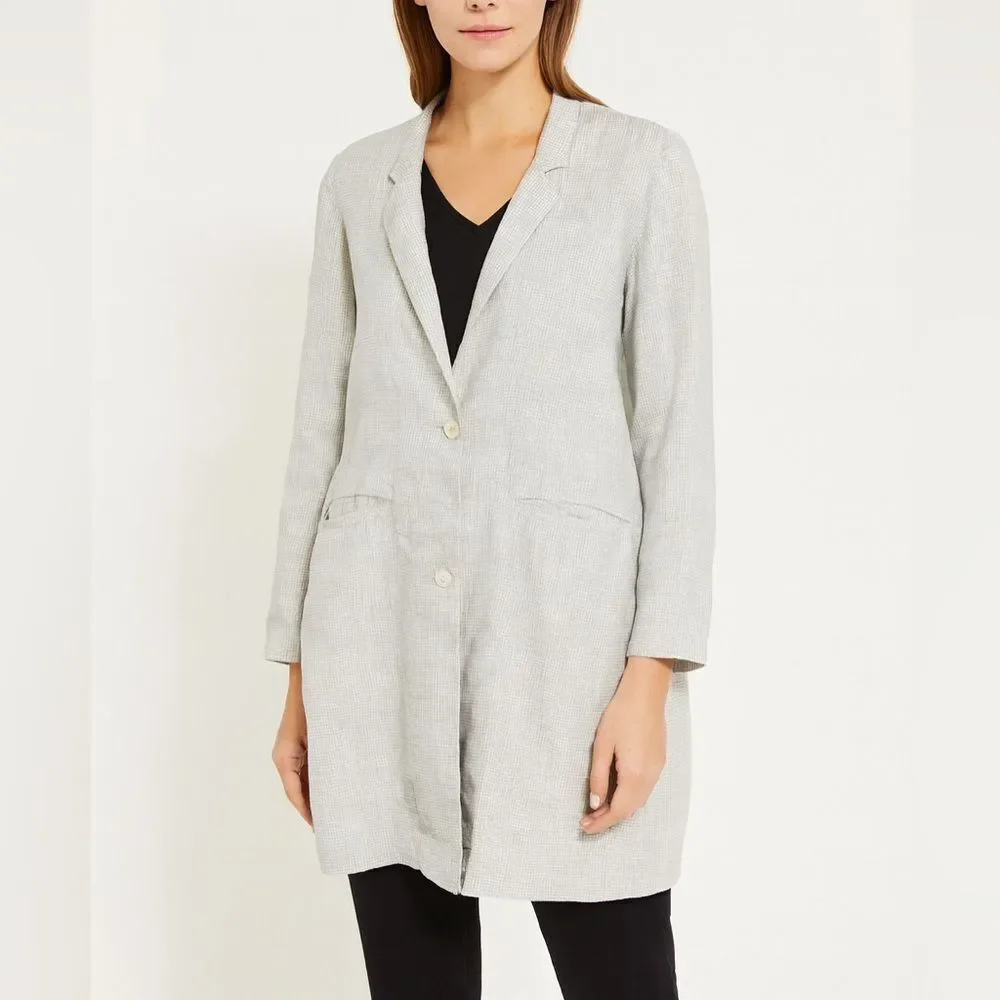Eileen Fisher Organic Linen Longline Blazer Jacket Gray Check Size M